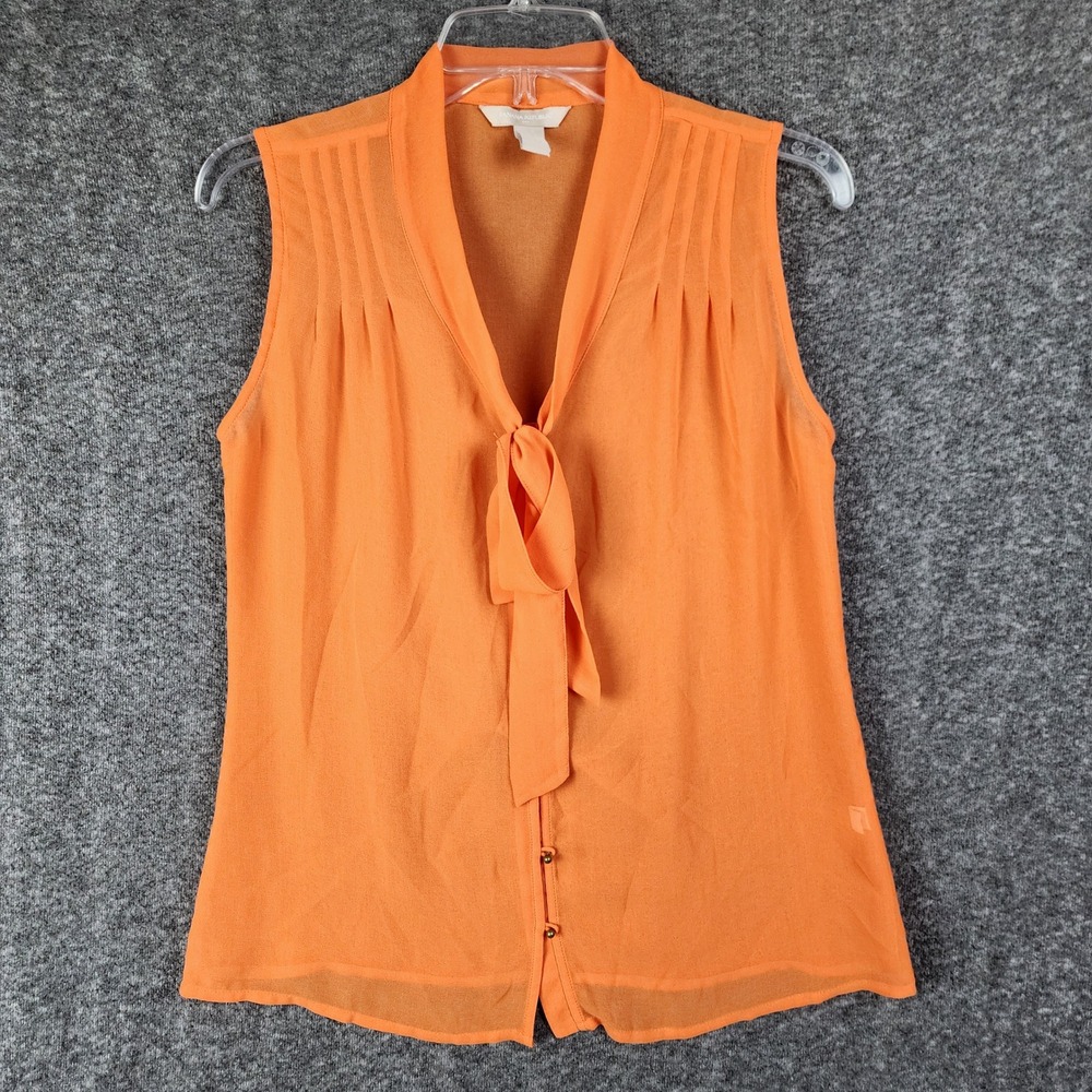 Banana Republic Blouse Womens S Orange Tie Neck Pintuck Sleeveless Chiffon EUC